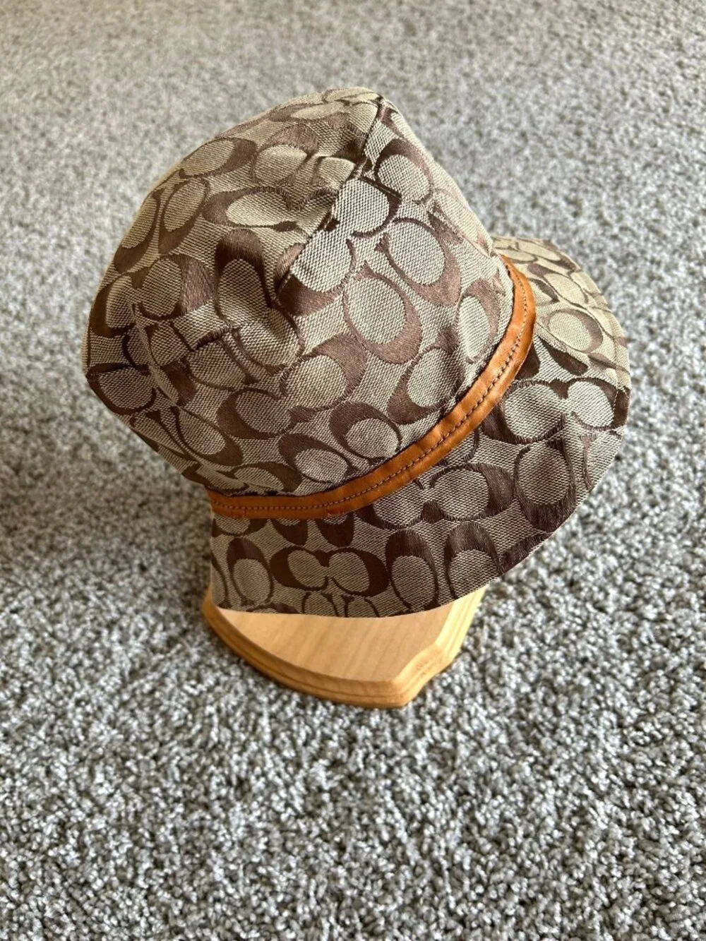 Coach Y2K Unisex Small Tan Signature Pattern Bucket Hat With Leather Trim